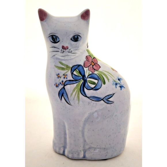 CERAMIC SITTING CAT-N.S. GUSTIN CO.-White-Floral-Shelf Decor-Hand Decorated - Picture 1 of 12